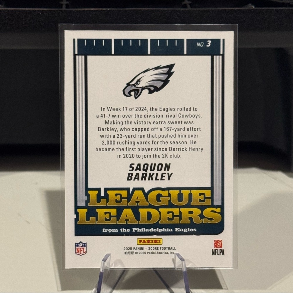 🔥 2025 Panini Score Saquon Barkley League Leaders 2005 Rushing yards Card EAGLES - Picture 2 of 2
